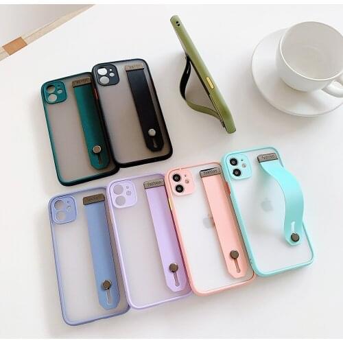 For iPhone 12 Mini 11 Pro Max XR XS Max 7 8 Plus SE 2020 Case Camera Protection Cases Candy Color Wrist Strap Holder Luxury Case