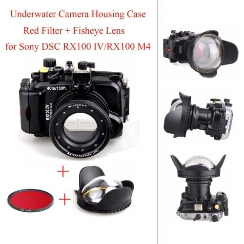 40M/130ft Underwater Camera Housing Case for Sony DSC RX100 IV/RX100 M4,Waterproof Camera Bags Case + Red Filter + Fisheye Lens