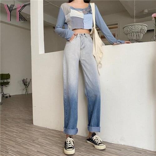 Summer Gradient Jeans for Women Vintage Wide Leg Pants Denim Trousers Women High Waist Straight Pants Harajuku Female Streetwear
