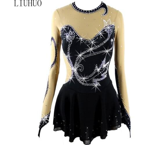 Custom Design Figure Skating Dress Sleeves Rhinestone Black Spandex ballroom dance skirt Skating Ballet Dress
