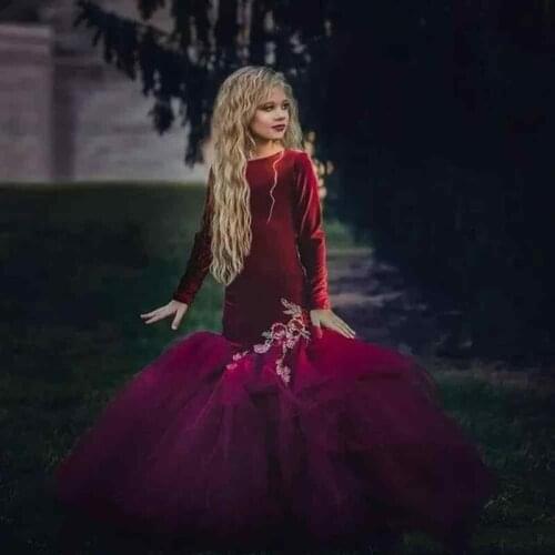 Formal Burgundy Velvet Pageant Mermaid Flower Girls Dresses Long Sleeves Vintage Kids Formal Wear Saudi Abric fille