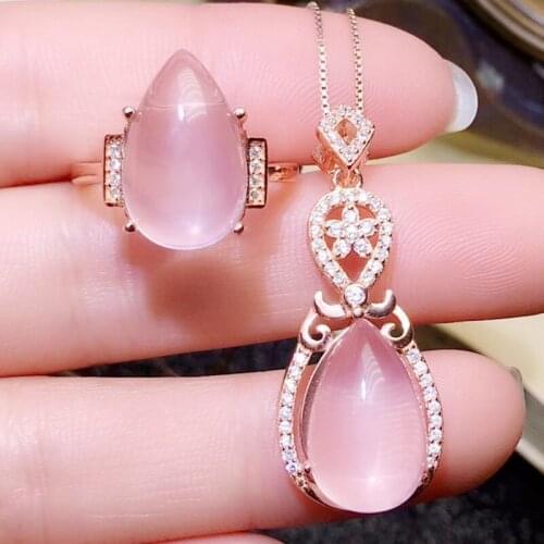 Per jewelry Natural real rose quartz drop style jewelry set 1pc ring 1pc pendant 6.5ct*2pcs gemstone 925 sterling silver R203184