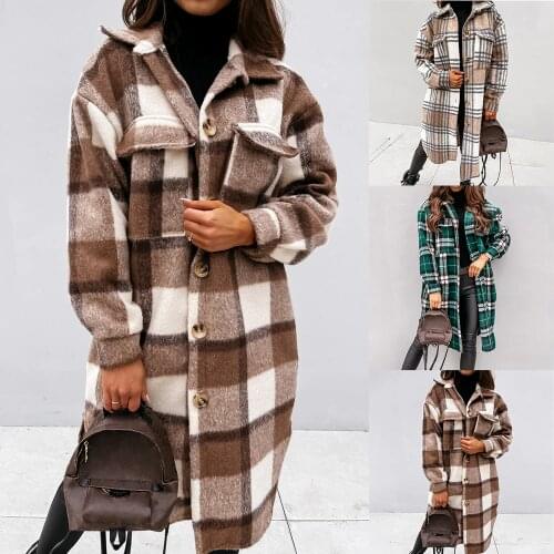 2021 Winter Checked Women Warm Jacket Down Overcoat Korean Plaid Long Coat Oversize Thick Woolen Blends Retro Female Streetwear
