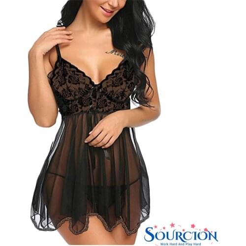 SWT Sexy Lingerie Women Silk Lace Sleepwear Night Dress Sleeveless Babydoll V Neck Nightdress Nightgown Short Underwear