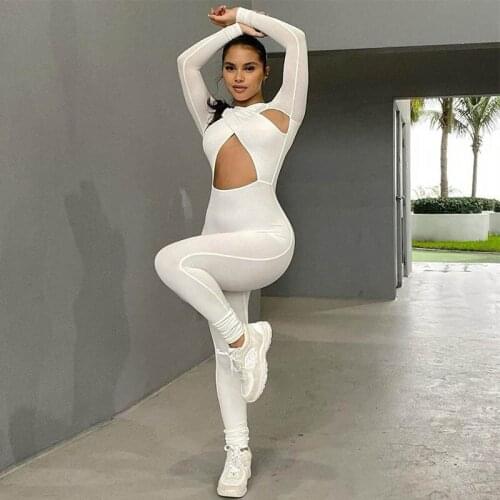 Sexy Cross Cut Out Fitness Jumpsuit One Piece Outfit Autumn O Neck Long Sleeve Sport Femme Casual Bodycon Rompers Clubwear