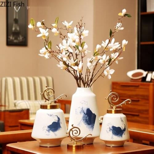 Modern Blue Ink Painting with Lid Vase Ceramic Storage Tank Home Restaurant Dried Flower Flower Arrangement Vase Home Decoration