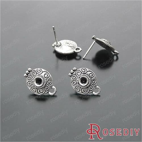15*10.5mm Antique Silver color Steel Stud Earrings with Round Alloy Flower with a Hanging Hole Diy Findings 20 pieces(JM4879)