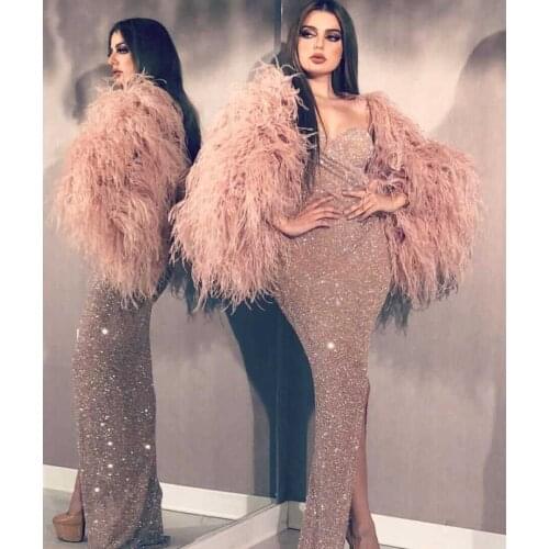 Arabian Design Off the Shoulder Sweetheart Pleated Sheath High Slit Long Sleeve Feather Evening Dresses