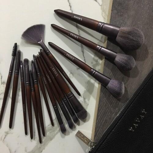 YAVAY 15pcs Walnut Micro Crystal Fib Makeup Brushes Lip Liner Foundation Concealer Make Up Brushes Tools Essential Sets with Bag