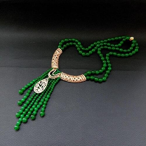 YYGEM 20'' 2 Strands Green Jade Statement Necklace CZ Pave gold color plated Pendant necklace ethnic style for women