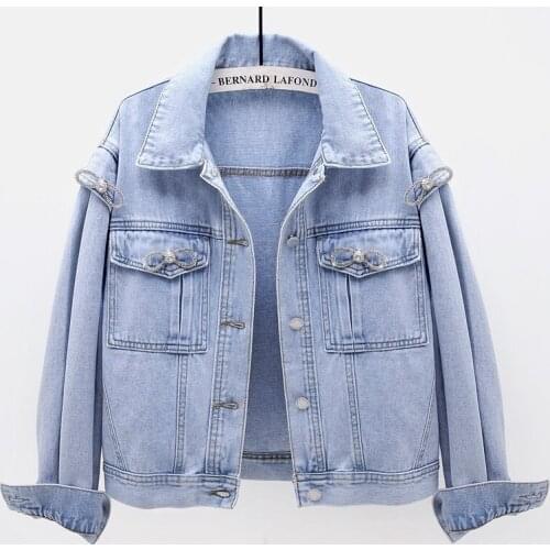 Plus Size Denim Jacket Womens Short Diamond-Studded Detachable Pleated Long-Sleeve Big Pockets 2021 Spring Autumn New Outerwear