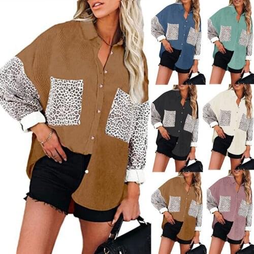 Women Corduroy Splicing Long Shirts 2021 Fashion Leopard Print Long Sleeve Blouse Elegant Office Tops Casual Loose Clothes