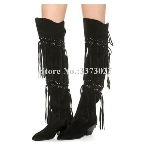 New Black Suede Tassels Woman Over the Knee Boots Sexy Wedge Heel Fringe Long Boots Lady Fashion Dress Winter Boots Dropship