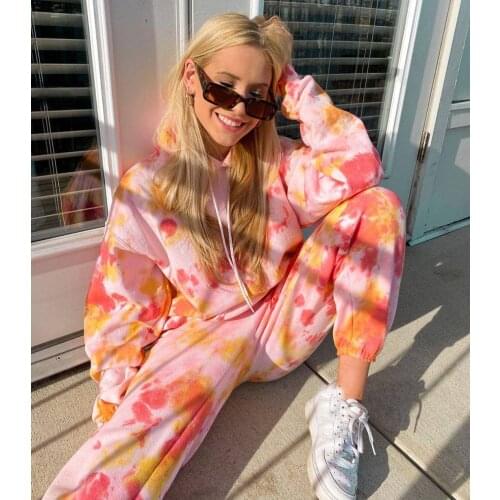 Women autumn Joggers Tracksuit Full Length Print Tie-Dye Casual Sweatsuit Sweatpants And Hoodie Woman High Waist Loose Seatsuit