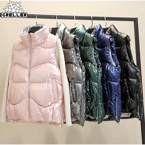 GRELLER Women Winter Vests 2021 New Short Bright Color Vest Cotton Padded Jacket Sleeveless Female Winter Waistcoat Vest Coat