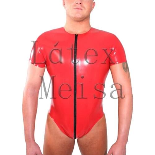 Fetish Latex catsuit short sleeve exotic leotard with front zipper to back waist for male
