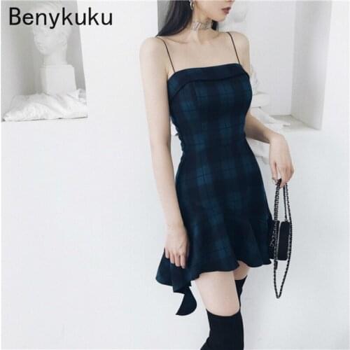 Bluish Green Plaid Sexy Sling Dress Gothic Girls Short Mini Dresses Vintage Ruffles Women Strap Backless Empire Party Clothing