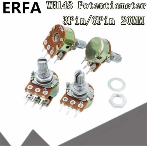 10pcs 20mm WH148 3pin 6pin B1K B2K B5K B10K B20K B50K B100K B250K B500K B1M Potentiometer 1K 2K 5K 10K 20K 50K 100K 250K 500K 1M