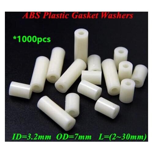 1000pcs M3 ABS Nylon Round Standoff Spacer PCB Board Column Tube Insulation Shim Washers ID=3.2mm OD=7mm Spacing Screws 2mm~30mm