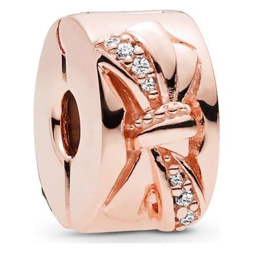 2019 New Original 925 Sterling Silver Bead Rose Shining Bow Tie Clip Charm Stopper Fit Pandora Bracelet Bangle DIY Women Jewelry