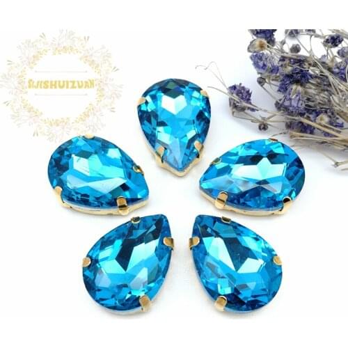 Best-selling Turquoise blue Water drop shape Crystal Glass Sew-on Rhinestones with gold Claw DIY wedding Dresses and Clothes