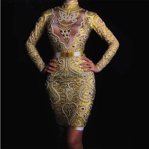 Sparkly Gold Rhinestones Pearls Skinny Dress Glass Diamond Long Sleeve Mini Dress Formal Party Women Nightclub Clothing Costumes