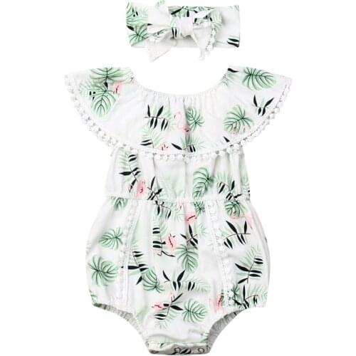 Lovely Newborn Baby Girl Boys Flamingo Bodysuits Headband Clothes Ruffle Sleeve Tassel Jumpsuit Summer Outfit
