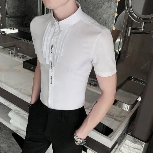 British Style Men Shirt Plus Size Fashion 2020 Summer Short Sleeve Mens Casual Shirts Slim Fit Streetwear Club Prom Tuxedo 5XL