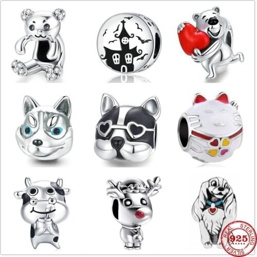 NEW Cute Pet Dog Erha Panda Mimi Cow Castle Bat Squirrel Charm Beads Fit Pandora Charms Silver 925 Original Jewerly Bracelet