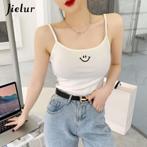 Jielur O Neck Summer Top T-shirt Sleeveless Cartoon Embroidery Women Sexy Basic Strap T Shirt White Black Sexy Tank Top Casual