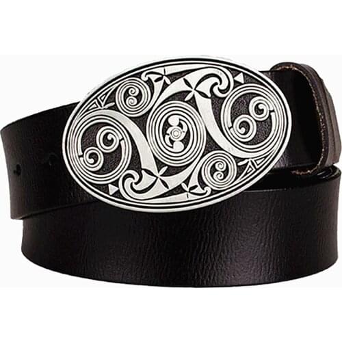 Fashion mens genuine leather belt for women real leather belt Arabesque pattern lines metal buckle gift for man Jeans belt