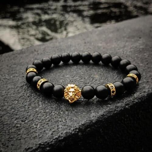Classic Lion Charm Men Bracelet Vintage Handmade 8mm Pave CZ Black Matte Beads Bracelet For Men Jewelry Gift
