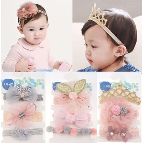 Nishine 3pcs/lot Baby Crown Flower Headband Girl Lace Bows Cartoon Headwear Elastic Kids Hair Bands Photography Props Gifts Set