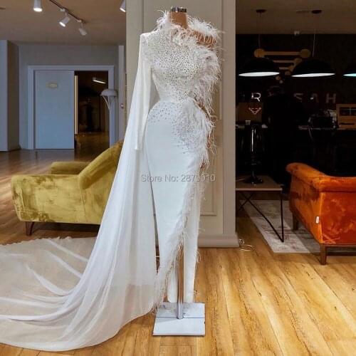 New Arrival Brilliant White Evening Dress One-Shoulder Chiffon Sheath Ruffles Beaded Feather Full-Length For Turkish Arabic
