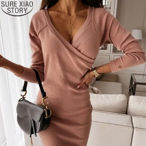 Above Knee High Waist Slim Sheath Dress 2021 New Sexy Dress Knit Autumn Long Sleeve V-neck Knitted Dresses Female Vestidos 12682
