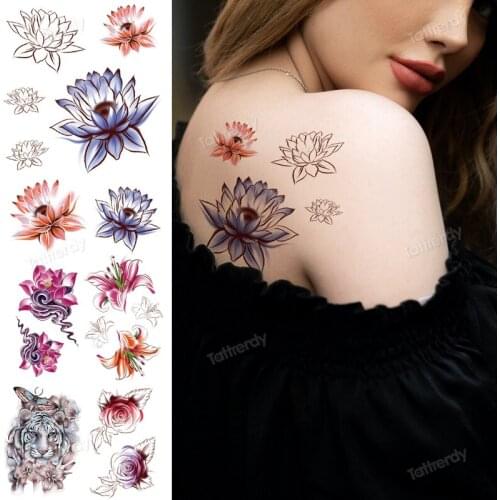 Arm back body transfer tattoo flowers lotus rose cat tiger anime tattoo fake waterproof sexy for women girls beauty stickers
