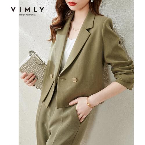Vimly Spring Women Blazer Fashion New Notched Solid Double Breasted Short Jackets Office Lady Elegant Coat Female Outwear F6323