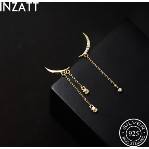 INZATT Real 925 Sterling Silver Zircon Moon Chain Tassel Stud Earrings For Fashion Women Party Bohemian Fine Jewelry Accessories