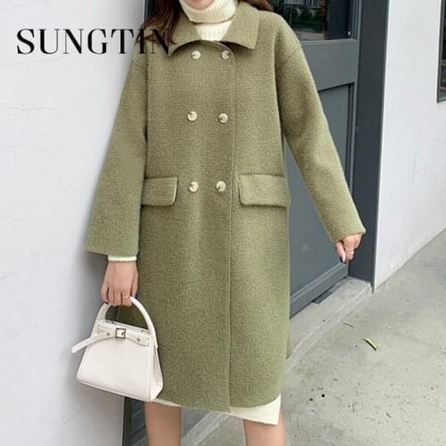 Sungtin Elegant Winter Women Coat Thicken Solid Double Breasted Loose Cardigans Female Oversize Korean Fashion Casual Outwear