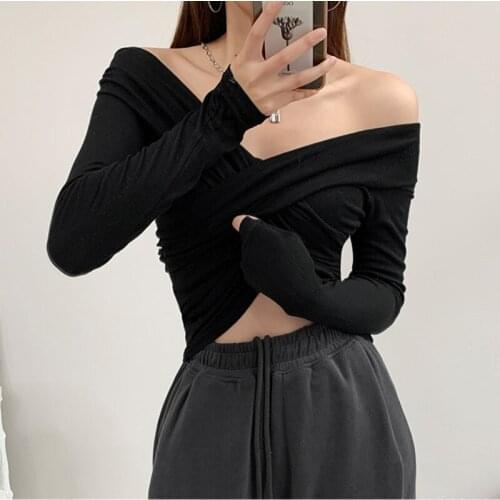 WOMENGAGA Korean Solid Color Cross V-neck Tight Elasticity T-shirt Women Long Sleeve Sexy Off Shoulder Bottomed Tops Hr2r