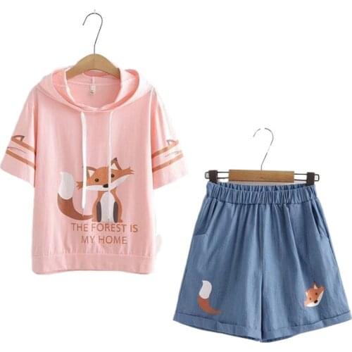 Summer Sets For Women 2020 Cartoon Fox Print Hooded T Shirt And Hight Waist Pocket Shorts Korea Style Female 2 Piece Set Clothes