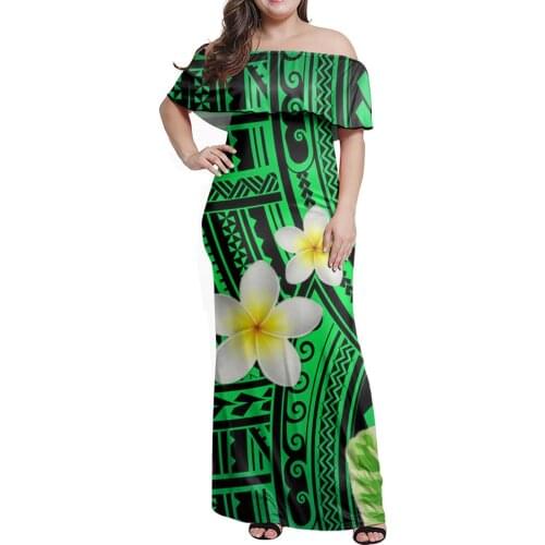 Hycool Floral Maxi Long Green Dresses Polynesian Tribal Flower Hawaii Vintage Plus Size Off Shoulder Women Summer Beach Dresses