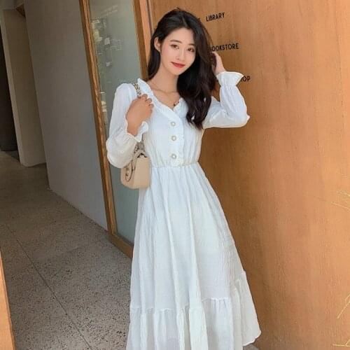 Flared Sleeve Elegant Slim Waist Harajuku Closing 2021 New Summer Autumn Casual Corset White Fairy French Hepburn Dress