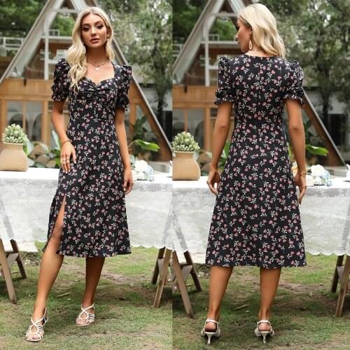 Dresses For Women 2021 Summer Floral V-Neck Bubble Short Sleeve Slim A-Line Dress Vestidos De Mujer Casual Nлатье Robe Femme