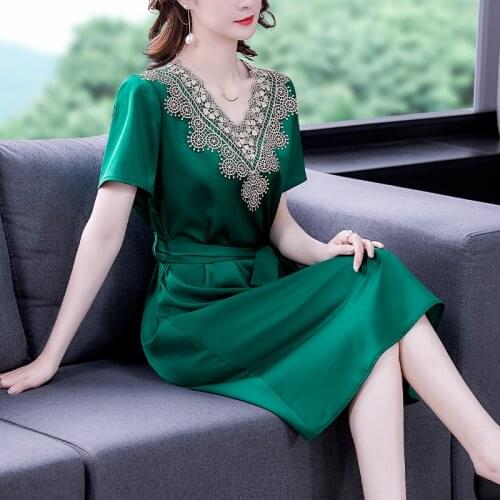 2021 Vintage Black Mulberry Silk Satin Midi Dress Summer 4XL Plus Size Lace Patchwork Dress Women Elegant Bodycon Party Vestidos