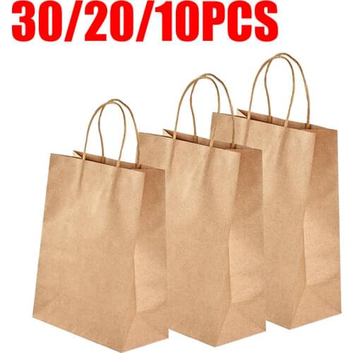 30/20/10PCS Kraft Paper Bag Party Gift Bag Shopping Boxes Coffee Bread Shop Takeway Packaing Bags Kraft Paper Wrapping Holder