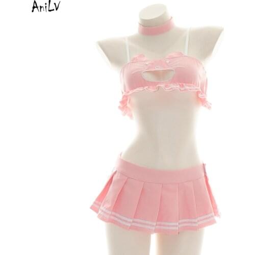 AniLV Kawaii Girl Cat Pink Swimsuit Costume Summer Beach Student Chest Hollow Swimwear Uniform Set Pool Party Cosplay