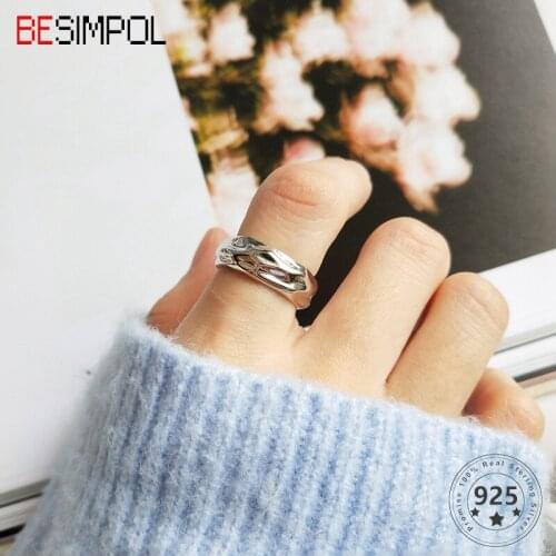 Besimpol Real 925 Sterling Silver Irregular Ring Vintage Minimalist Party Open Rings For Women Luxury Fashion Fine Jewelry Gifts