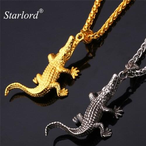 Starlord Crocodile Cayman Pendant Necklace Gold Color/Stainless Steel Chain Animal Hip Hop Jewelry Necklace Men Cool GP1549
