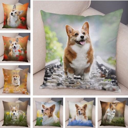 Welsh Corgi Pembroke Dog Pillowcase Decor Cute Pet Animal Printed Soft Plush Cushion Cover for Sofa Home Car Pillow Case 45X45cm